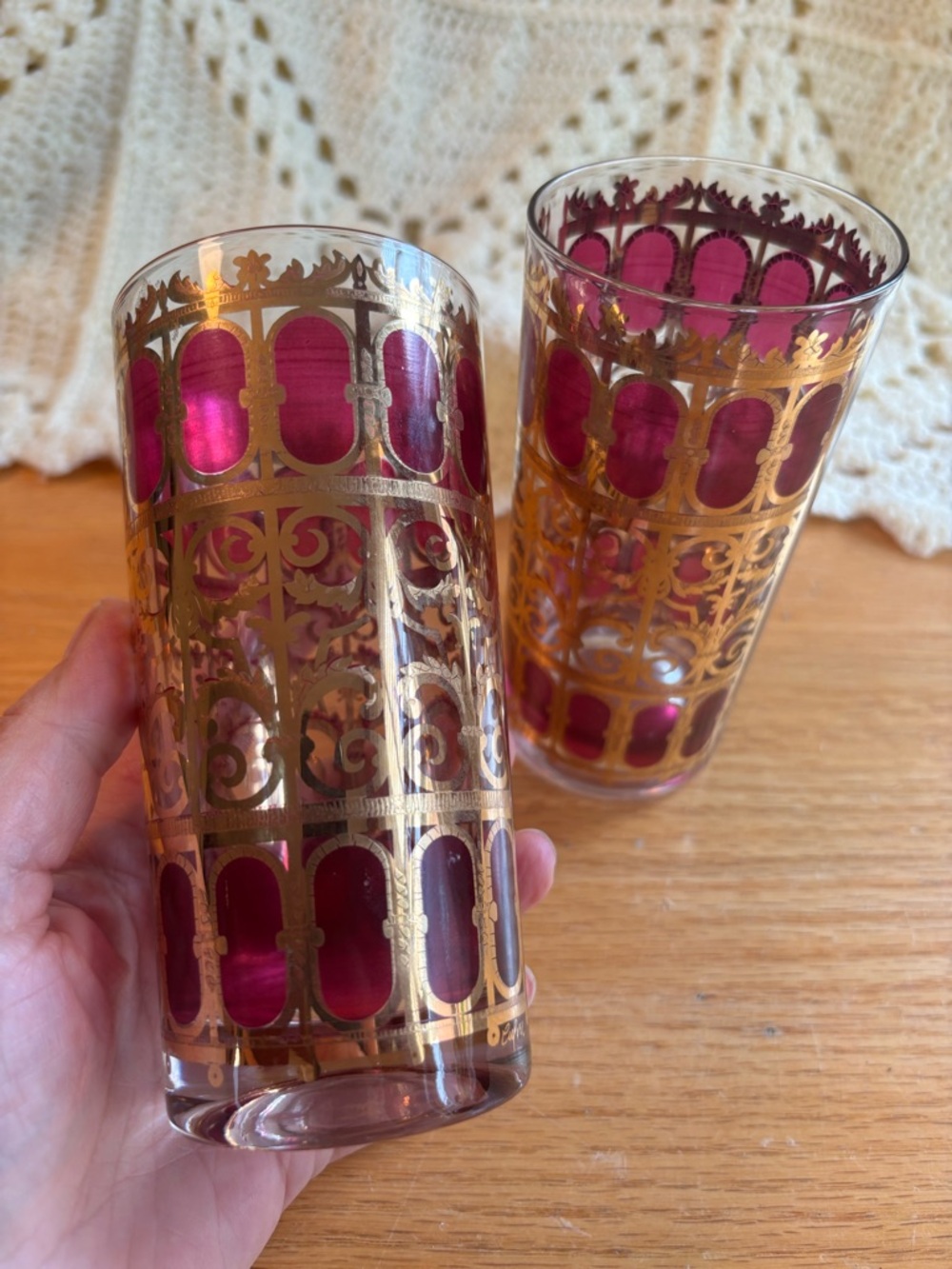 Vintage Culver 22k Gold Cranberry Scroll Highball Collins Glasses MCM